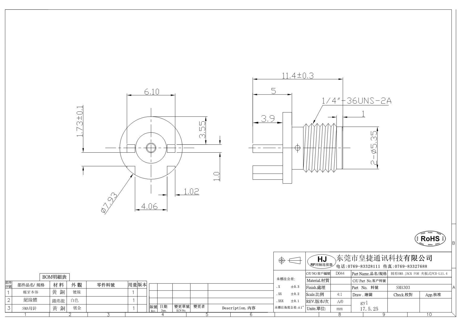 SMA Plate Edge Mount Circular Female Connector 180° Degree